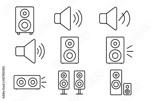 Loudspeaker line icon set. Audio speaker, music sound system, megaphone outline icons. Sound volume, stereo equipment, subwoofer vector pictogram collection for web, apps.