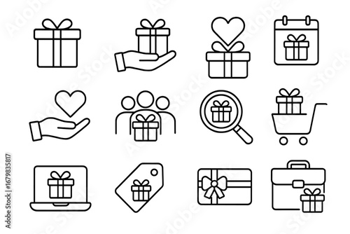 Gift and present line icon set. Charity, donation, bonus, and loyalty program outline symbols. Online shopping and corporate holiday gift vector pictograms for web and UI design.