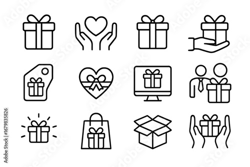 Gift and charity line icon set. Present box, giving hand, love heart, and donation symbols. Outline vector signs for holiday, business, web design, apps, and UI design.