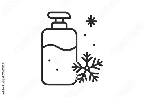 Winter hair care line icon. Conditioner, shampoo, liquid soap pump bottle with snowflake. Cold season cosmetics and hygiene concept. Frosty freshness and skincare product vector.
