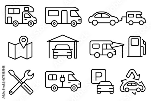 Motorhome and car travel line icon set. Camper van, RV, trailer, and auto service symbols. Vector signs for road trip, camping, gas station, EV charging, repair, and navigation.
