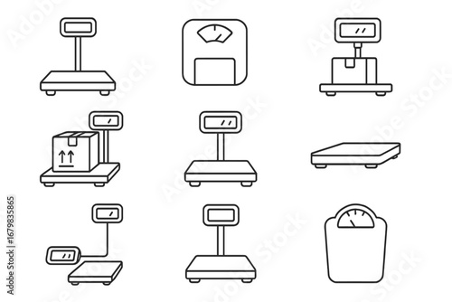 Floor scale and weight measurement line icon set. Vector outline pictograms for logistics, shipping, cargo, and health. Industrial platform and bathroom scales symbols.