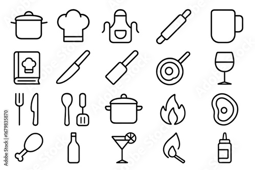 Kitchen and cooking line icon set. Food preparation, restaurant menu, and barbecue grill concept. Vector outline symbols for web design, apps. Chef, recipe book, utensils.