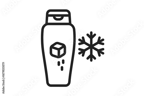 Cooling conditioner line icon. Menthol shampoo, cosmetic gel bottle with ice cube and snowflake. Winter hair care. Cold therapy treatment. Refreshing product vector logo.