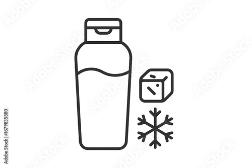 Cooling conditioner or shampoo bottle with ice cube and snowflake. Minimalistic outline icon for cosmetics. Concept for winter hair care, menthol freshness and hygiene.