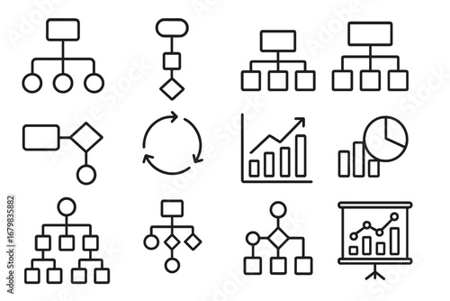 Flowchart and algorithm outline icon set. Business process diagram, org chart hierarchy, data analytics graph, and presentation infographic symbols for web and app design.