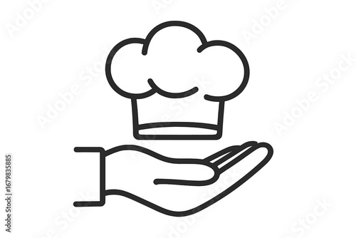 Hand presenting a chef hat. Culinary icon for cooking school, restaurant, catering service. Professional cook, gastronomy, and food business concept. Vector logo illustration.