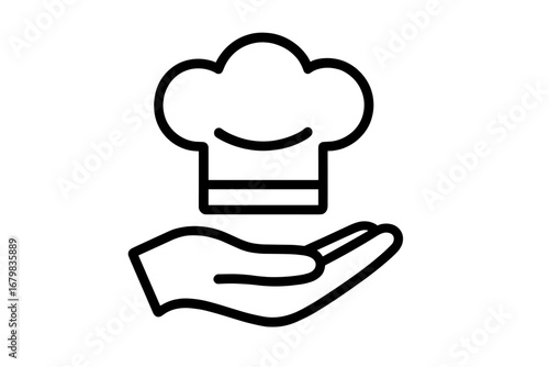 Chef hat on hand icon, symbolizing food service, culinary profession, and cooking. Vector logo for restaurant, catering, or culinary school. Gastronomy and gourmet concept.
