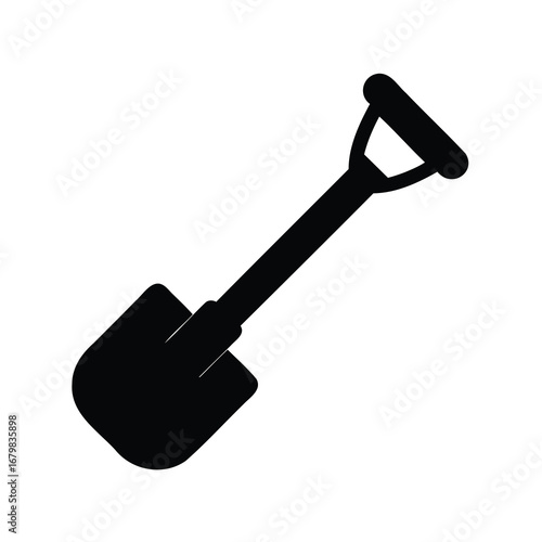Black silhouette of a gardening or construction shovel on a white background