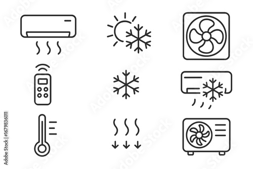 Air conditioner line icon set. HVAC, climate control symbols. Cooling, heating, ventilation pictogram collection. Vector outline illustration for web, app design. Temperature concept