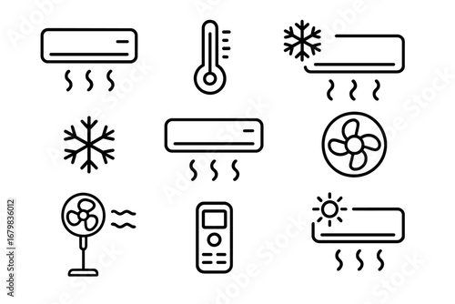 Air conditioner line icon set. HVAC, cooling and heating symbols. Vector outline icons for climate control, fan, ventilator, temperature, and remote for web and app design.