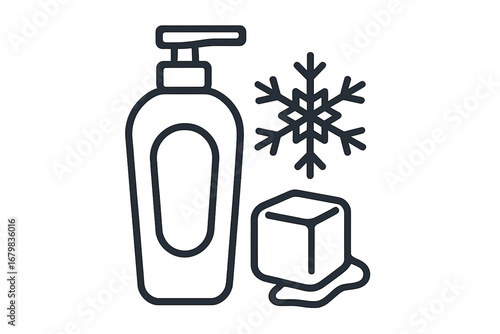 Cooling effect cosmetic icon. Pump bottle with ice cube and snowflake. Concept of fresh menthol conditioner, soap, or lotion. Winter skincare product. Vector outline illustration.