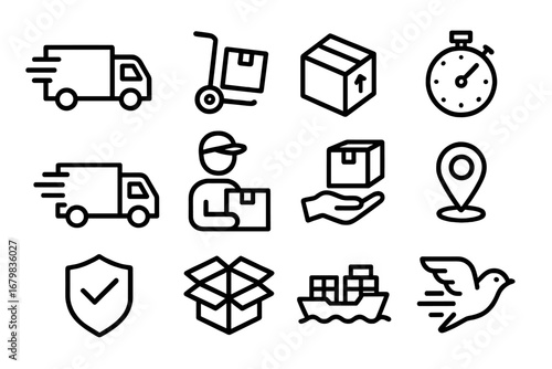 Delivery and shipping line icon set. Logistics and transport vector icons. Express delivery, courier, cargo, package tracking, and order fulfillment outline symbols. For web.