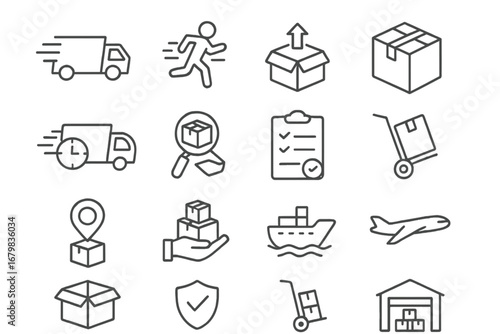 Delivery and logistics line icon set. Shipping, transport, and cargo vector symbols. Truck, courier, parcel tracking, warehouse, ship, and air freight outline icons.