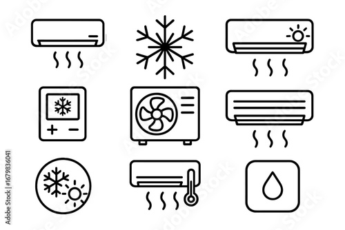 Air conditioner line icon set. Vector outline symbols for cooling, heating, and ventilation. Climate control, fan, temperature, and HVAC system pictograms for web and apps.