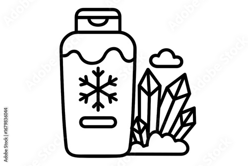 Cooling conditioner icon. Shampoo bottle with snowflake and ice crystals. Cold menthol cosmetic product concept. Winter hair care. Outline vector illustration for graphic design.