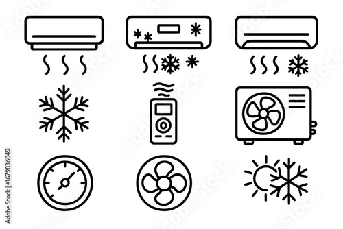 Air conditioner line icon set. HVAC, climate control symbols. Vector outline pictograms for web and graphic design. Cooling, heating, ventilation, fan, and temperature icons.