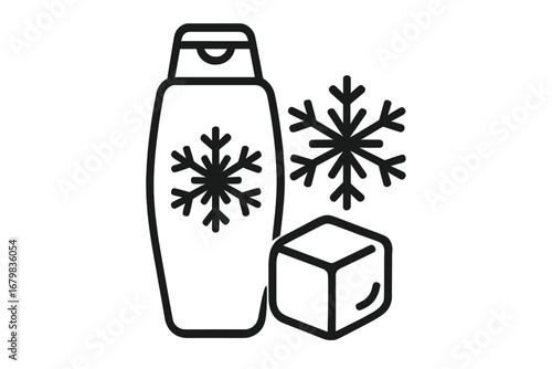 Cooling conditioner and shampoo icon with ice and snow. Menthol hair care product concept. Vector outline illustration for cosmetics, beauty, winter freshness, cold therapy.