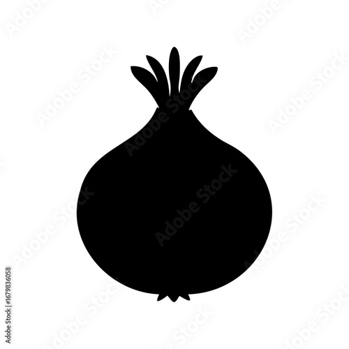 Stylized black silhouette of an onion, a simple and bold vegetable graphic