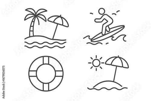 Summer beach vacation line icon set. Surfing, tropical island with palm tree, sun umbrella, and lifebuoy. Minimalist vector pictogram collection for web, app, UI/UX.