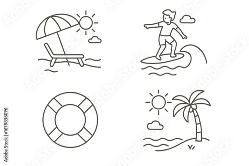 Summer beach vacation line icon set. Surfer on wave, palm tree island, lifebuoy, and sun lounger with umbrella. Minimal outline vector symbols for travel and seaside rest.