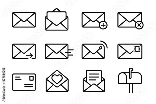 Mail and email line icon pack. Vector outline signs for web, app, UI, and UX design. Envelope, letter, message, and mailbox pictograms. Communication graphic symbols set.