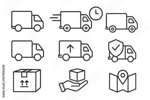 Delivery truck and shipping vector line icon set. Logistics, freight transport, and package tracking symbols. Fast delivery, cargo insurance, and order dispatch concepts.