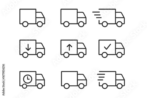 Delivery truck vector line icon set. Shipping, logistics, and transport concept. Fast delivery, order tracking, scheduled and confirmed shipment symbols. Editable stroke for web design.
