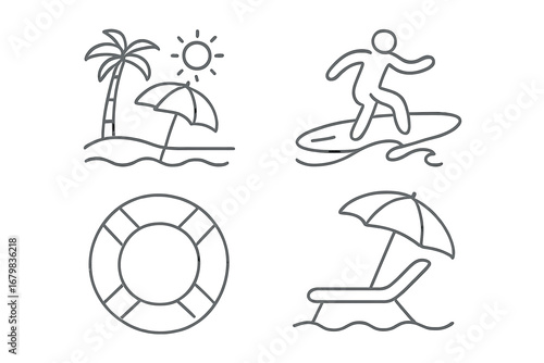 Summer beach vacation icon set. Thin line art collection of minimalist symbols. Surfing, palm tree, sun, lifebuoy, and deck chair with umbrella. Vector outline graphic elements.