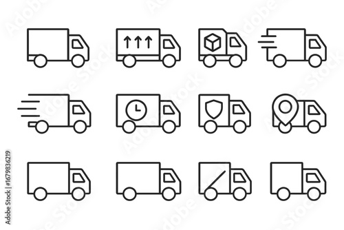 Delivery truck line icon set. Shipping van and logistics transport symbols. Lorry with package, fast express service, location tracking and secure cargo vector icons.