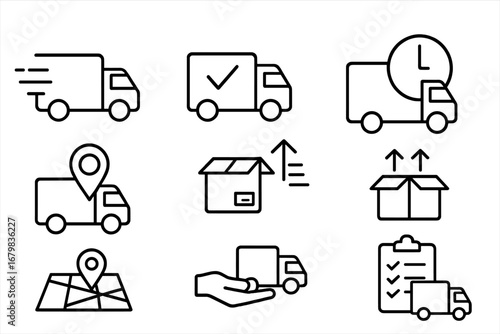 Delivery service line icon set. Shipping, logistics, and fast truck transport concept. E-commerce order tracking, package destination, and distribution vector symbols.