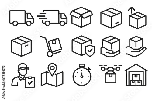 Delivery and logistics line icon set. Shipping service, transport, parcel, cargo, truck outline signs. E-commerce vector pictograms for web, apps, and graphic design.