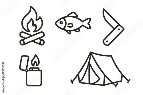 Camping icon set vector collection. Outdoor adventure outline symbols. Bonfire, tent, fish, folding knife, lighter. Hiking, travel, tourism, survival gear for web, ui, app.