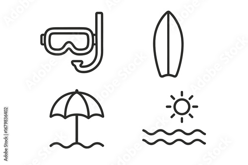 Beach vacation line icon set with diving mask, surfboard, and umbrella. Summer travel and seaside activity symbols. Minimal outline vector graphic for web and mobile design.
