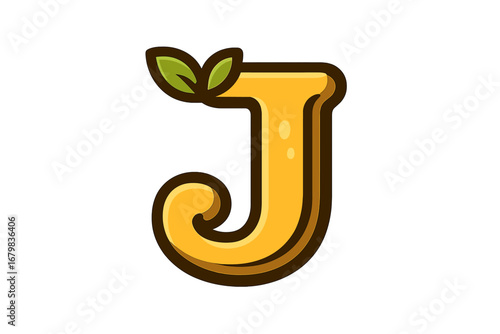 Letter J logo design in a fun, fruity cartoon style. Yellow alphabet initial with green leaves, concept for juice, organic food, or natural brand identity. Vector illustration.