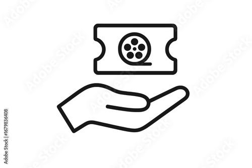 Hand holding cinema ticket icon. Movie pass symbol for web, graphic design. Film festival, premiere, entertainment concept. Minimal vector illustration, line art for apps, website.
