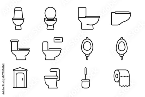 Toilet and bathroom line icon set. Vector collection of restroom symbols, including toilet bowl, urinal, bidet, outhouse, toilet paper and brush. Editable stroke pictograms.