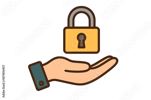 Hand offering a padlock. Security, safety, and protection concept. Data privacy, confidentiality, and access control. Vector icon for cybersecurity and trust symbol.