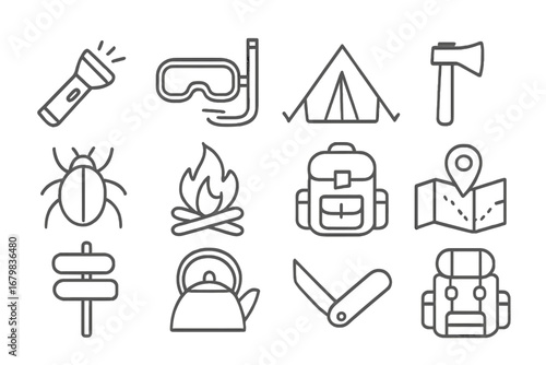 Outdoor adventure and camping gear thin line icons. Hiking, travel, and tourism outline pictograms. With tent, campfire, backpack, map, axe, and knife. Editable stroke vector.