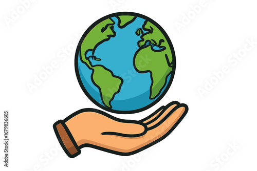 Hand holding planet Earth. Save the world concept. Earth Day illustration. Environmental protection and conservation. Ecology and nature care symbol. Global sustainability vector icon.