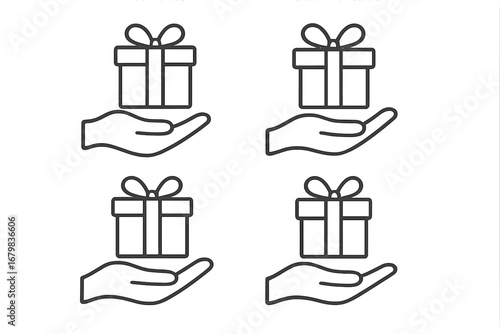 Gift in hand outline icon set. Giving a present, receiving a surprise, donation, and charity concept. Loyalty program bonus or reward symbol. Editable stroke vector illustration.