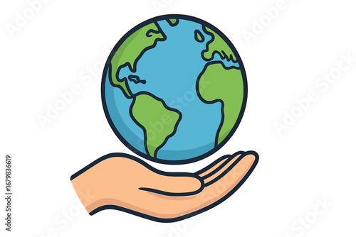 Hand holding planet Earth. Save our planet concept. Globe in human palm. Environment care and conservation. Ecology, sustainability, and global protection vector icon. Earth Day.