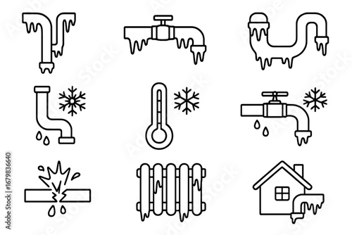 Frozen pipes thin line icon set. Winter plumbing problems concept. Burst pipe, water leak, frozen radiator and faucet symbols. Home heating emergency vector illustration.