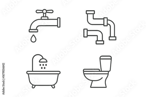 Plumbing service line icon set. Faucet, pipes, toilet, and bathtub with shower symbols. Vector pictogram collection for bathroom renovation, plumber work, and sanitary ware design.