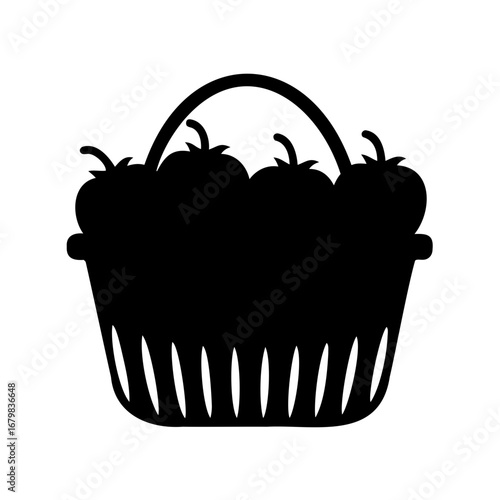 Black silhouette of a basket overflowing with apples against a white background