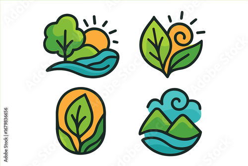 Nature logo collection. Set of four modern eco icons. Vector landscape emblem with mountain, leaf, tree, sun, and water. Organic adventure and travel badge illustration.