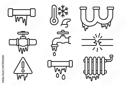 Frozen pipes thin line icon set. Winter plumbing problems. Broken water pipe, frozen tap, radiator, valve. Cold temperature, burst pipeline, leak repair vector icons.