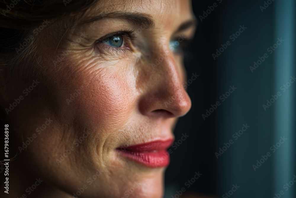 Fototapeta premium Close-up portrait of mature woman with natural beauty looking out the window, soft lighting highlighting skin texture and thoughtful expression
