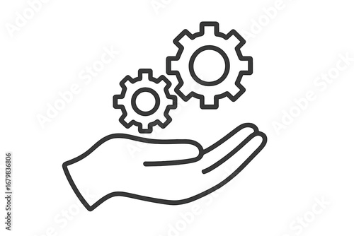 Hand holding gears line icon. Business solution, technology support concept. Industrial development, innovation, process management, engineering service, system integration vector.