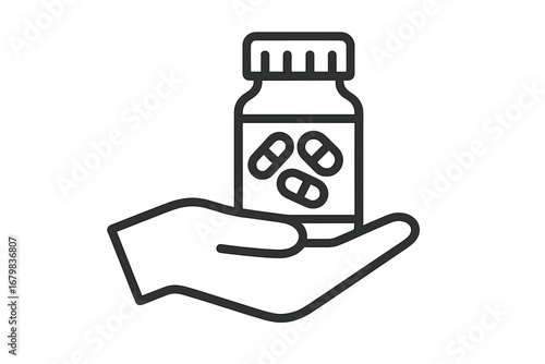 Hand holding pill bottle. Medicine, pharmacy, healthcare concept. Vector line icon for prescription drugs, vitamins, supplements, addiction, medical treatment. Outline illustration.